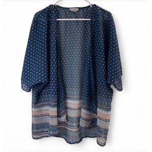 Dizzy Gal Navy Sheer Open Front Kimono Cardigan L Boho Print Women's Lightweight